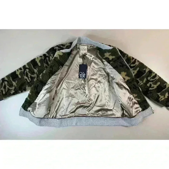 Chaser Womens Camo Teddy Bear Bomber Jacket NWT Small Satin Lined Neutral Zip Up - Picture 2 of 9